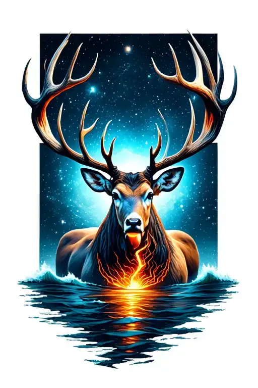 realistic humanoid stag front-facing, glowing chest crack, leaving the sea, cosmos behind, line drawing around tattoo design idea