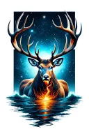 realistic humanoid stag front-facing, glowing chest crack, leaving the sea, cosmos behind, line drawing around tattoo design idea