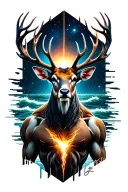 realistic humanoid stag front-facing, glowing chest crack, leaving the sea, cosmos behind, line drawing around tattoo design idea
