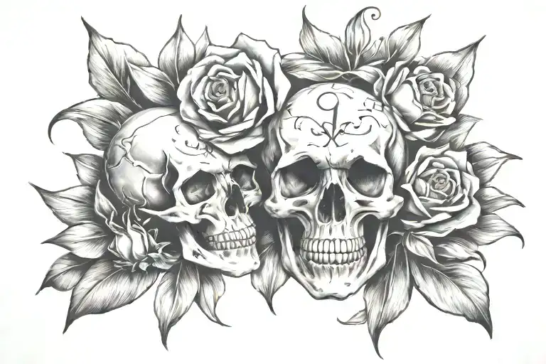 lilly ,rose, tulip, skull soft shading tattoo design idea
