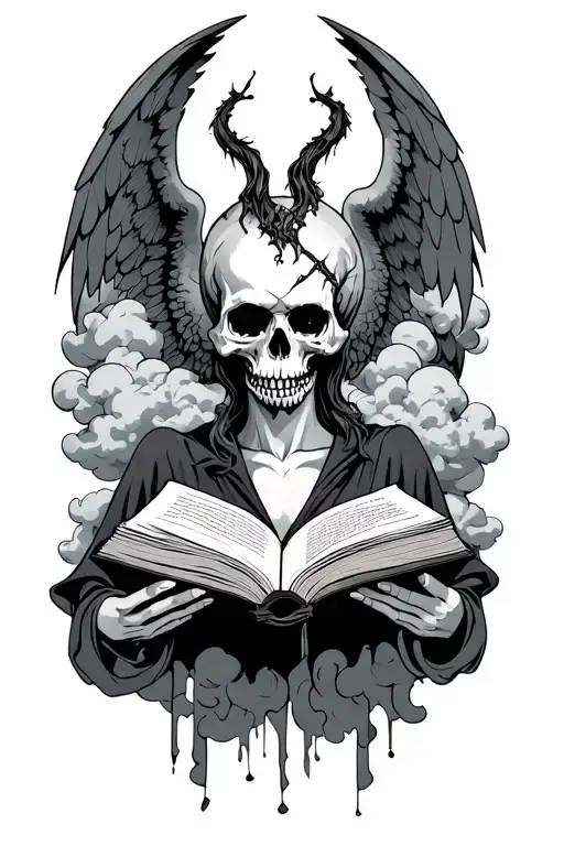 a demonic full angel with skull face holding an open book surronded with clouds tattoo design idea