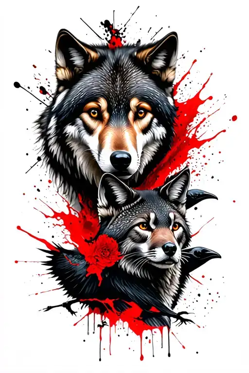 In the style of realism, a wolf and a crow, a bear and lynx togerher as a tattoo on the arm tattoo design idea