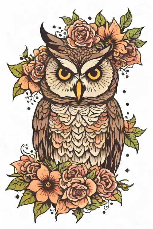 sad owl face with no geometric surrounded by lots of cosmo flowers and gladiolus flowers tattoo design idea