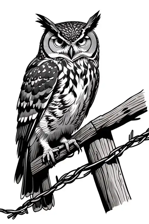 great horned owl perched on a wooden fence post that has barb wire. fine lines and a bit of a western feel. tattoo design idea