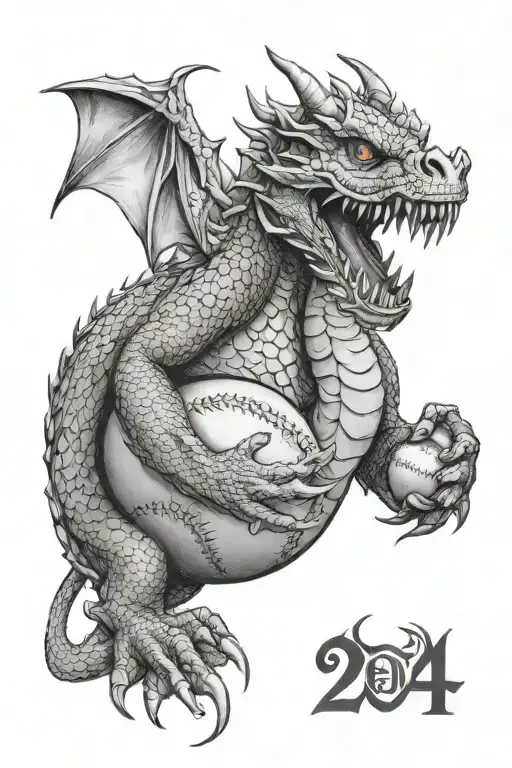 realistic dragon holding a baseball with the number twenty four inside the baseball tattoo design idea