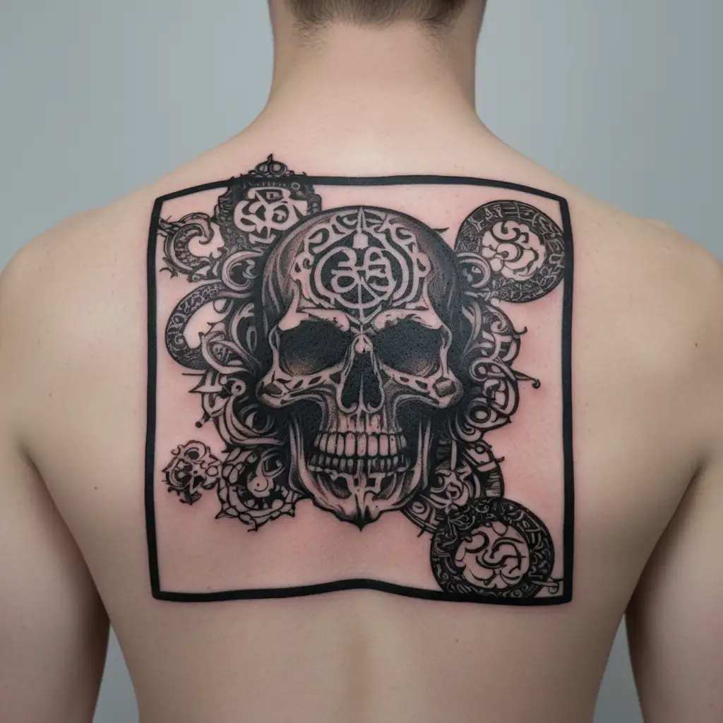 skull and om hindi text on a black tattoo design idea