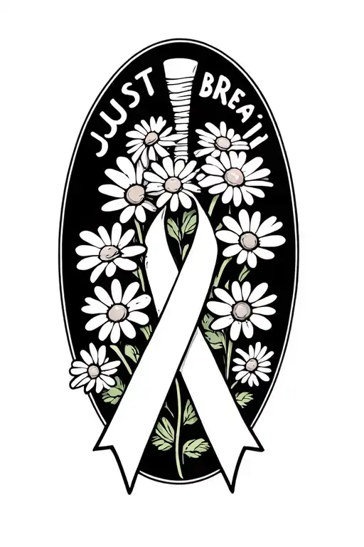 lung cancer ribbon with Daisy flowers and says just breath Toddy tattoo design idea