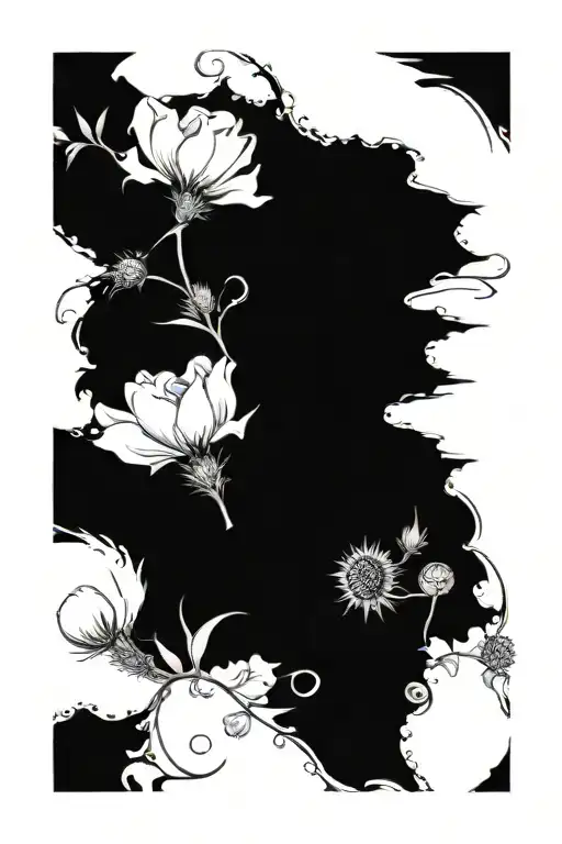 Design a floral tattoo with thistle, roses, cornflowers, shamrock flowers, dafodil  and lily of the valley tattoo design idea