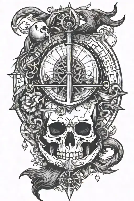 Nordic skull crows anchor compass  intertwined tattoo design idea