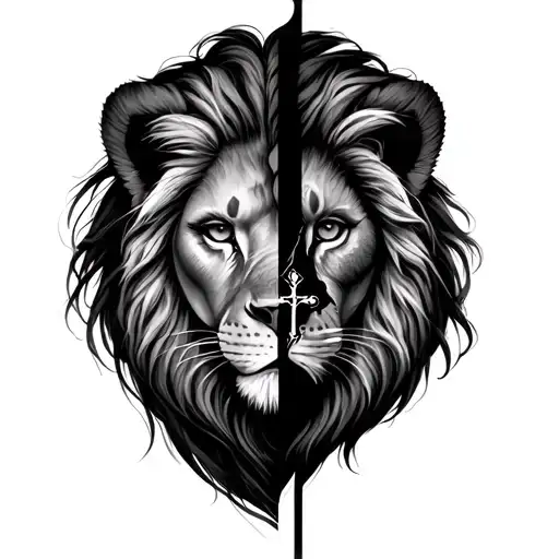 Half lion face and half african american woman with cross tattoo design idea