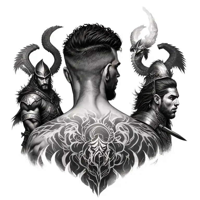 Generate a tattoo for a man on the back that will depict warriors from various mythologies tattoo design idea
