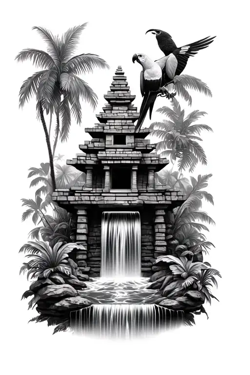 jungle theme with aztec temple with water fall and parrot  black and white for the inner dicep  tattoo design idea