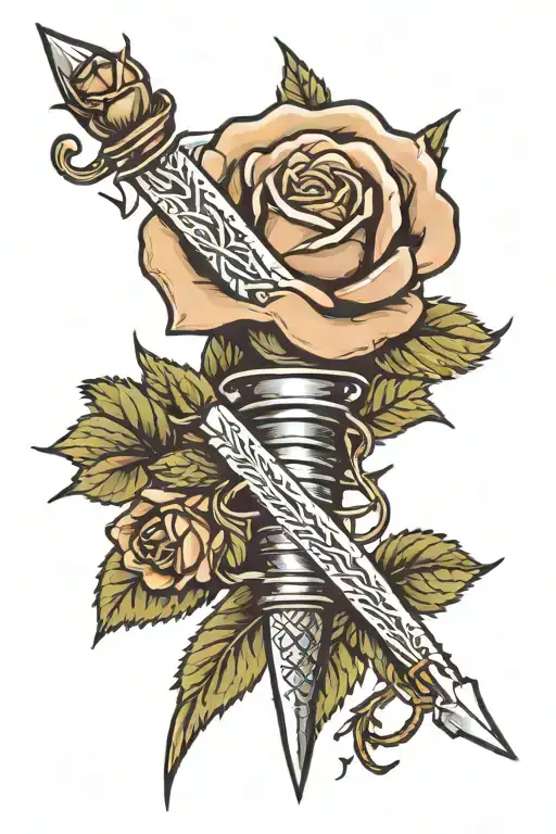 Rose ensnared with a dagger wrapped with barbed wire tattoo design idea