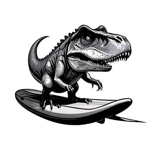 baby T-Rex in a surf board design tattoo design idea