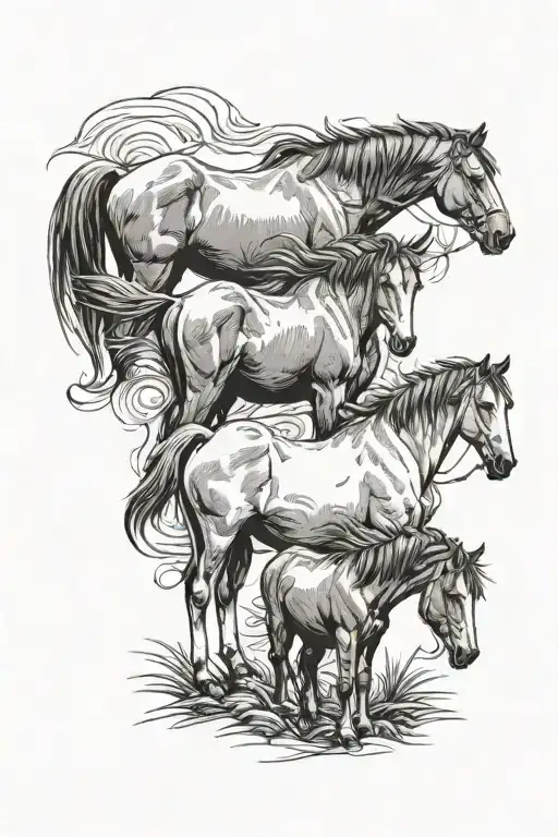 One belgian horse, one belgian Bull, two swallows, one field, different black lines, one father, one mother, three child tattoo design idea