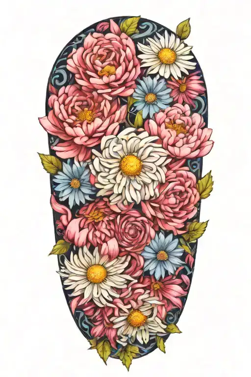an intricate boquet of white daisys, blue cosmos flowers, and pink peony tattoo design idea