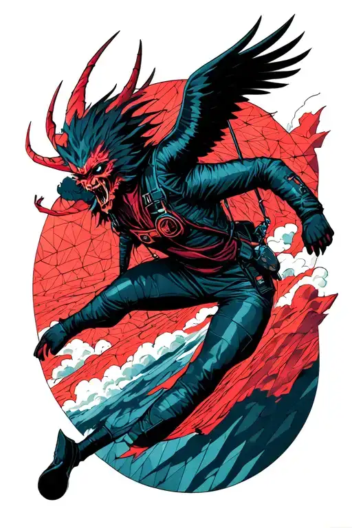 demonic beautyful skydiver confident freefalling  tattoo design idea