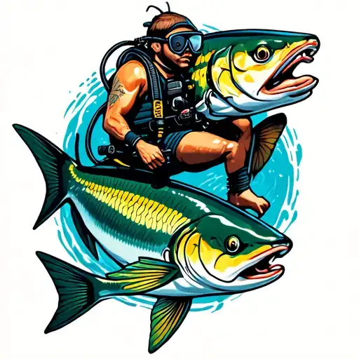 scuba diver riding a barracuda tattoo design idea