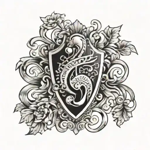 music note with arabe ornement and baroque feminin shield tattoo design idea