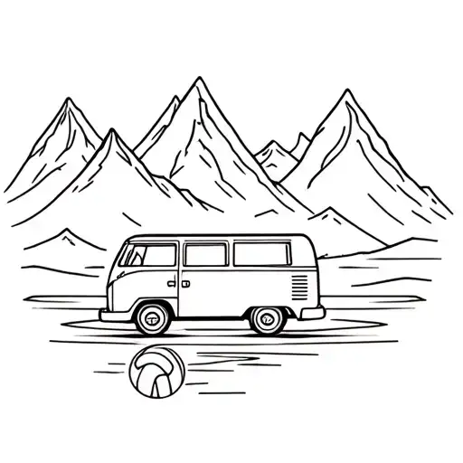 VW bus T3, mountains, water, volleyball tattoo design idea