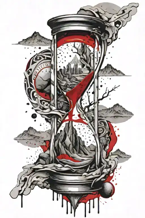Hour glass with desert sand transforming into waterfall over mountains  tattoo design idea
