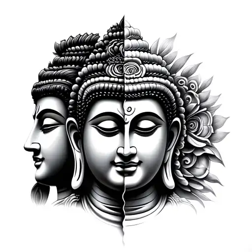 half shiva half Buddha tattoo both faces half half tattoo design idea