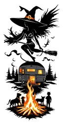silhouette of sexy witch flying on broomstick over a campsite with a trailer and campfire with 3 boy children & 2 dogs  tattoo design idea