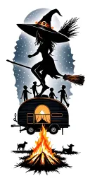 silhouette of sexy witch flying on broomstick over a campsite with a trailer and campfire with 3 boy children & 2 dogs  tattoo design idea