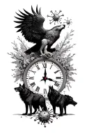 Wolf And Eagle and two wolves howling and a clock and a covid symbol tattoo design idea