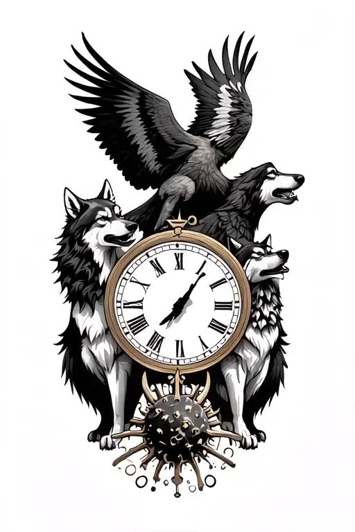 Wolf And Eagle and two wolves howling and a clock and a covid symbol tattoo design idea