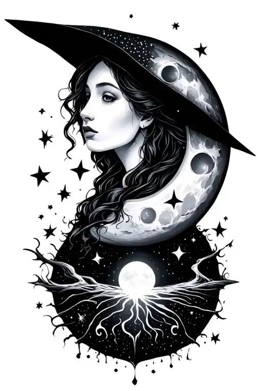 moon, stars, witchy, as above so below tattoo design idea