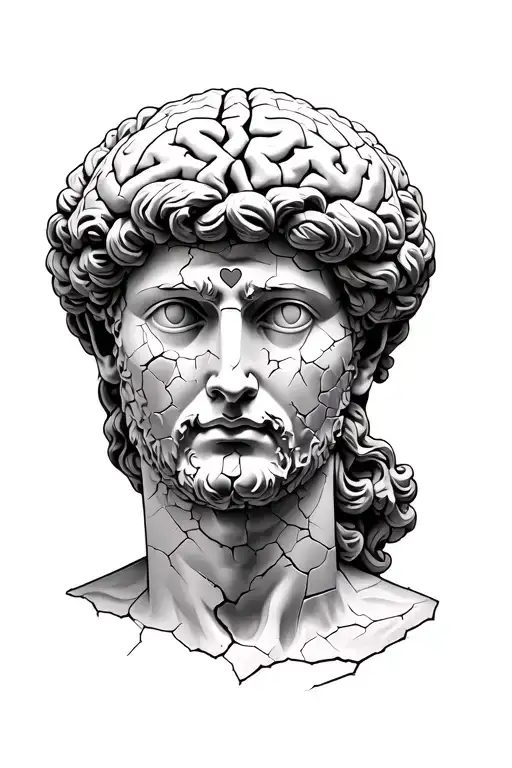 Cracked Greek statue face with brain and heart in eyes tattoo design idea