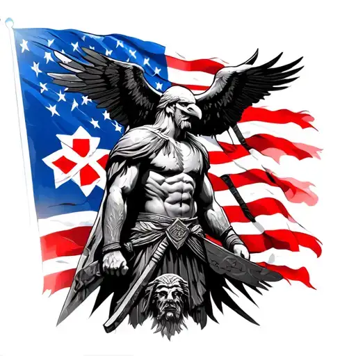 mars roman god of war with a dominican republic flag, an american flag, american bald eagle, a taino cacique symbol, and tattoo design idea