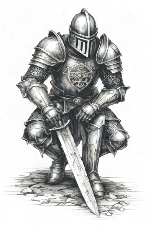 A knight in full armour kneeling facing forwards, after a horrific battle, holding the murphys crest as his sheild tattoo design idea