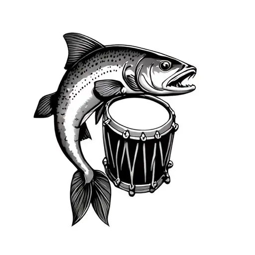 rainbow trout playing a drum tattoo design idea