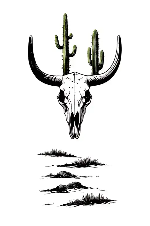 desert cactus sun setting bull skull tattoo design idea
