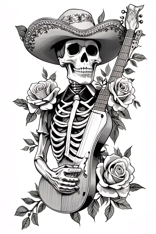 skeleton mariachi with roses tattoo design idea