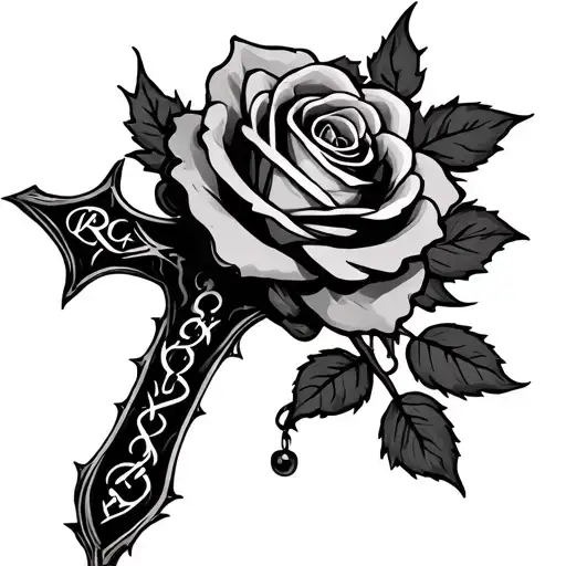 rose. thorns cross, rosary with initials RG  tattoo design idea
