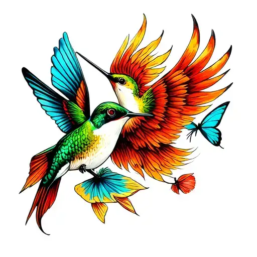 hummingbird, butterfly, bass fish transforming metal into a phoenix tattoo design idea