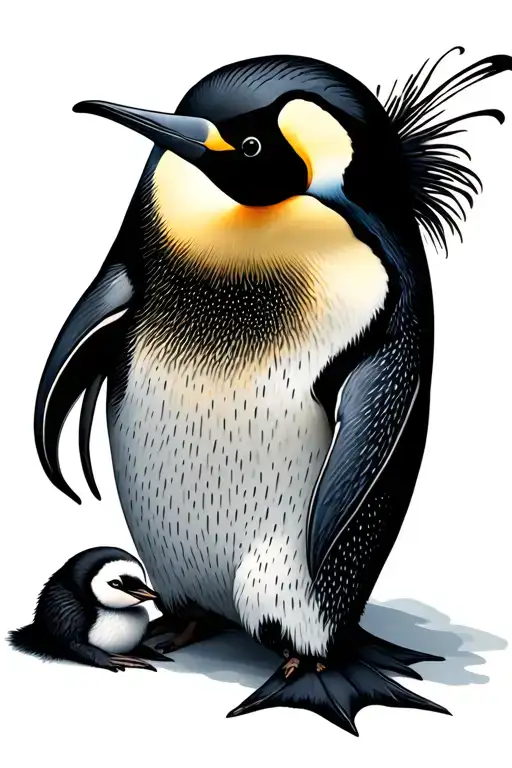 tribal emperor penguin looking at baby penguin tattoo design idea