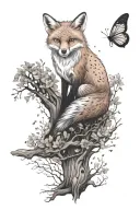 a fox sitting underneath a tree branch tattoo design idea