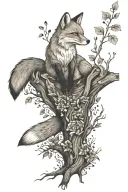 a fox sitting underneath a tree branch tattoo design idea