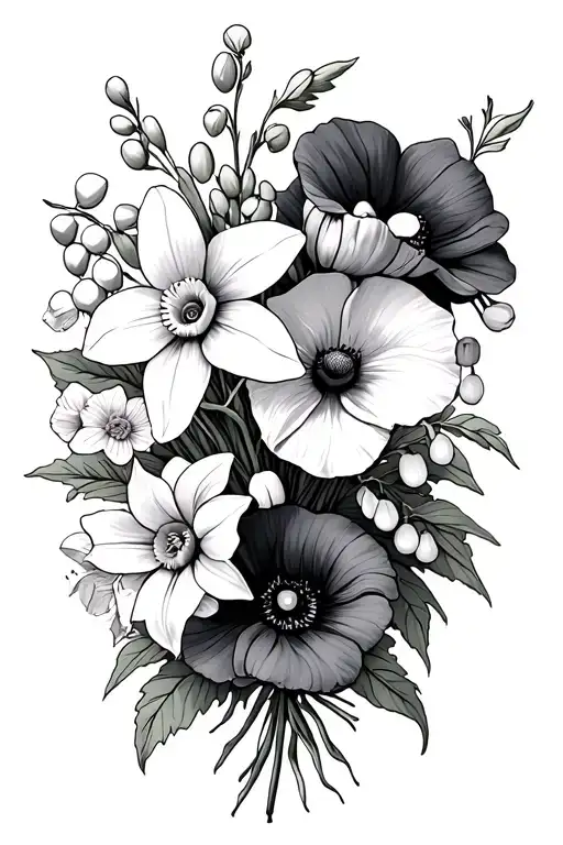 bouquet with a daffodil, aDaisy, a lily of valley, a honeysuckle, a lock spur, a poppy, and a morning glory. tattoo design idea