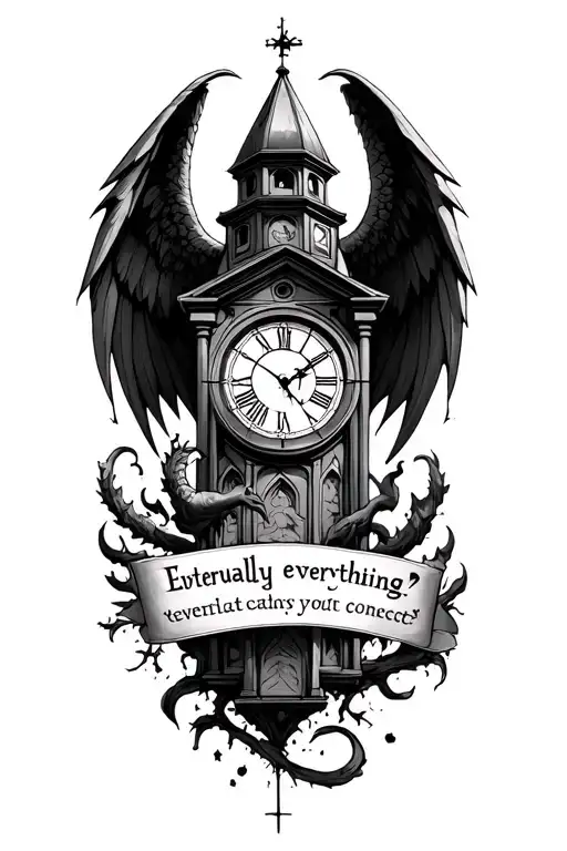 "Angel demon church clock" Coordinates Quote "Eventually everything connects" tattoo design idea