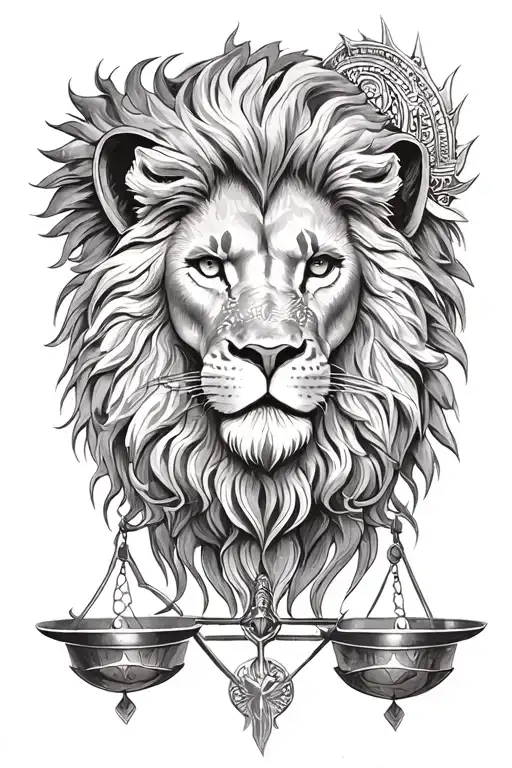 lion face warrior balance scale veritas aequitas tattoo design idea