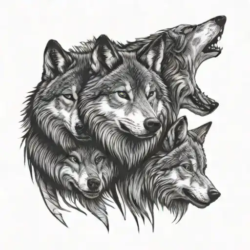 the faces of three Wolves from top to bottom in a straight row tattoo design idea