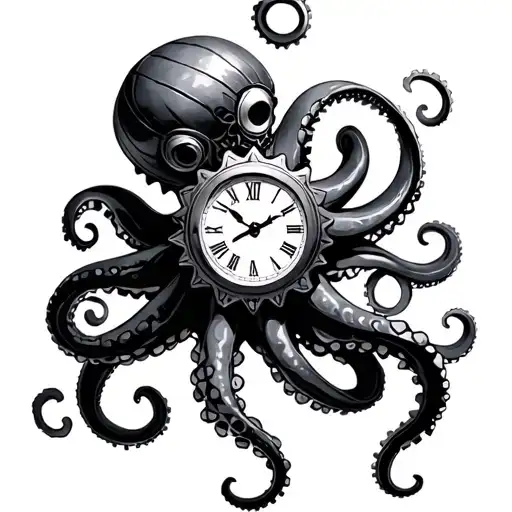 octopus warrior compas clock cog wheels connected tattoo design idea