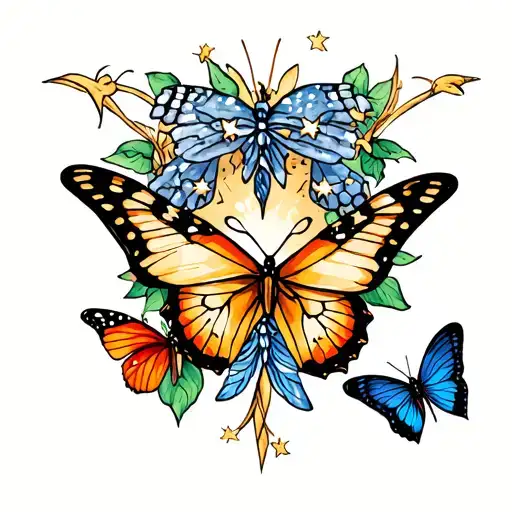 Tattoo with 3 stars and butterflies to remember lost ones tattoo design idea