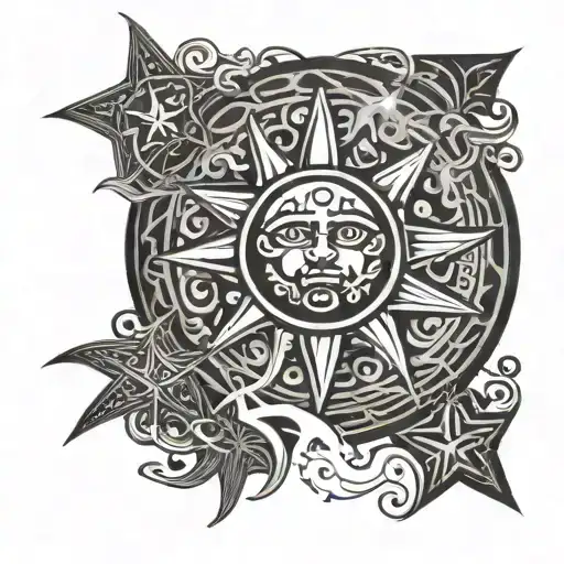 philippine sun with three stars in line under it, with tribal designs and smoke tattoo design idea