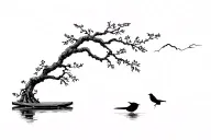 oak tree with bamboo raft floating and magpie bird tattoo design idea